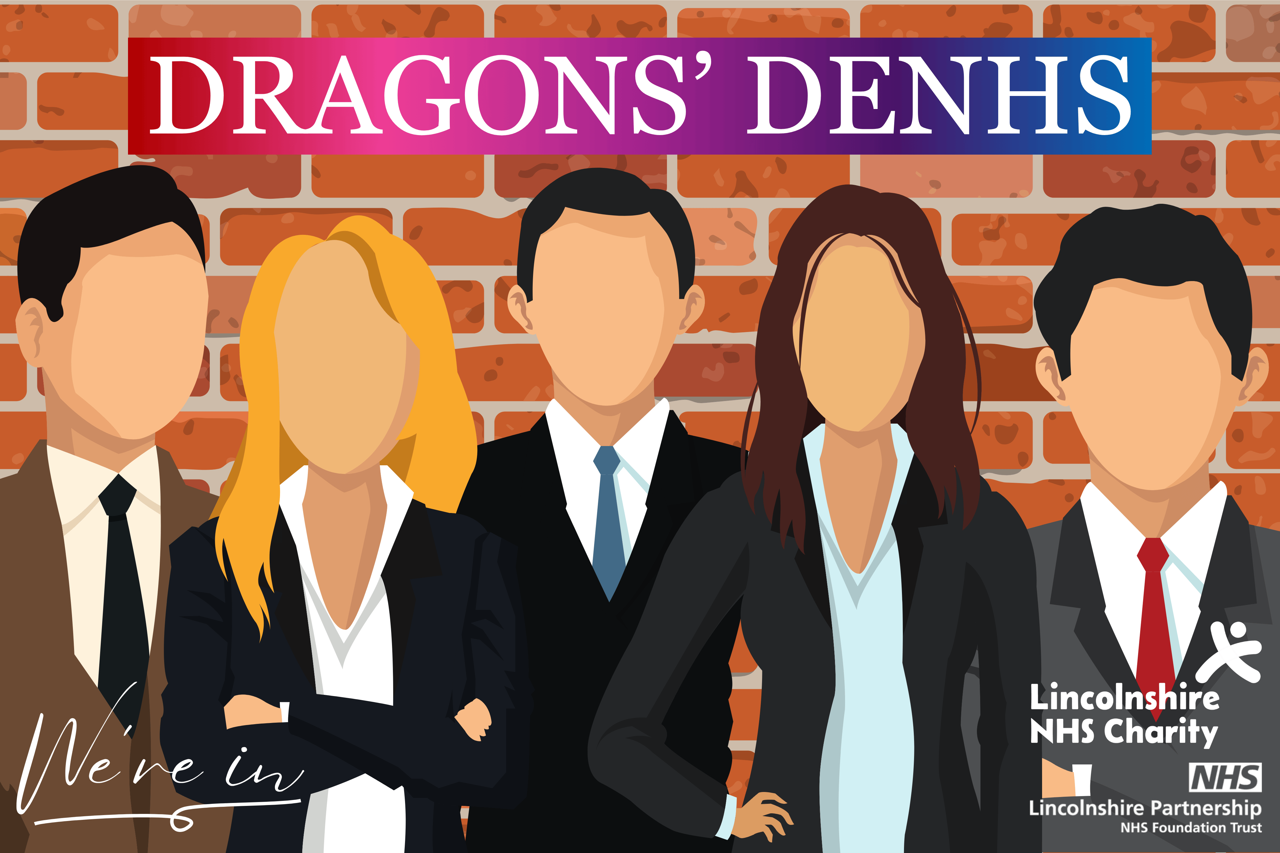 Five professionally dressed characters with 'DRAGONS' DENHS' as a heading